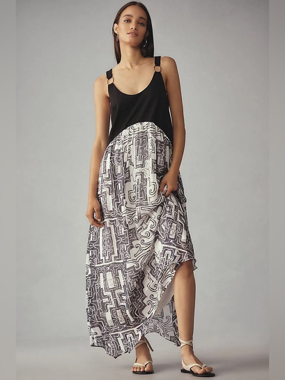 Anthropologie abstract Black White bohemian Maxi dress eccentric indie unique M - Picture 1 of 7